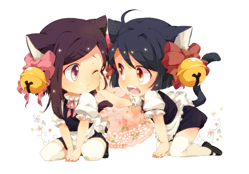 absurdres animal_ears apron bad_id bell black_hair bow cat_ears cat_tail catgirl chibi fang hair_bell hair_bow hair_ornament hand_on_another's_face hand_on_another's_face highres m.u maid mary_janes minigirl multiple_girls open_mouth original paw_print pink_eyes purple_eyes purple_hair red_eyes shoes tail thigh-highs thighhighs umiko_(munemiu) waist_apron white_legwear wince wink