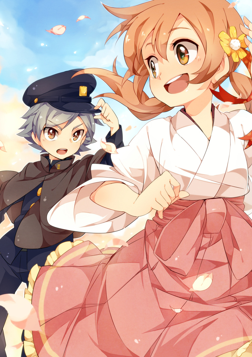 &gt;:o 1girl :d absurdres bad_id brown_eyes brown_hair capelet flower hair_flower hair_ornament hand_on_hat hat highres open_mouth original petals silver_hair smile twintails umiko_(munemiu) wind