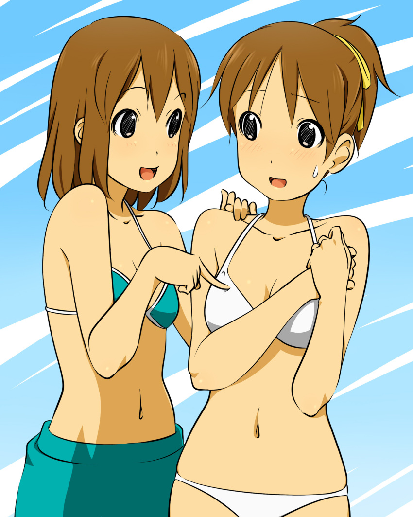 2girls bikini blush brown_hair hair_ribbon highres hirasawa_ui hirasawa_yui k-on! maria_1/2 multiple_girls navel open_mouth ponytail ribbon siblings sisters swimsuit