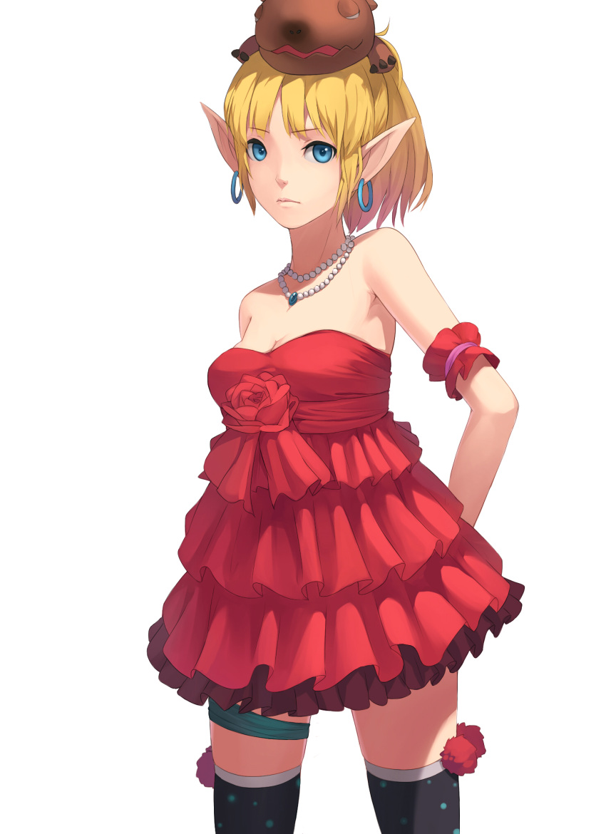 bare_shoulders blonde_hair blue_eyes dragon_nest dress earrings elf fkey flower frilled_dress frills highres hoop_earrings jewelry pearl_necklace pointy_ears poochum rose short_hair simple_background solo strapless_dress thigh-highs thighhighs white_background