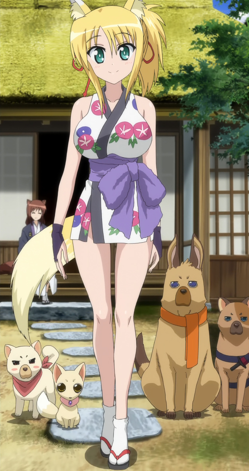absurdres animal_ears bare_shoulders blonde_hair breasts bridal_gauntlets brioche_d'arquien brown_eyes dog dog_days fox_ears fox_tail geta green_eyes highres japanese_clothes kimono large_breasts legs multiple_girls scarf screencap short_kimono smile stitched tabi tail thighs yukikaze_panettone