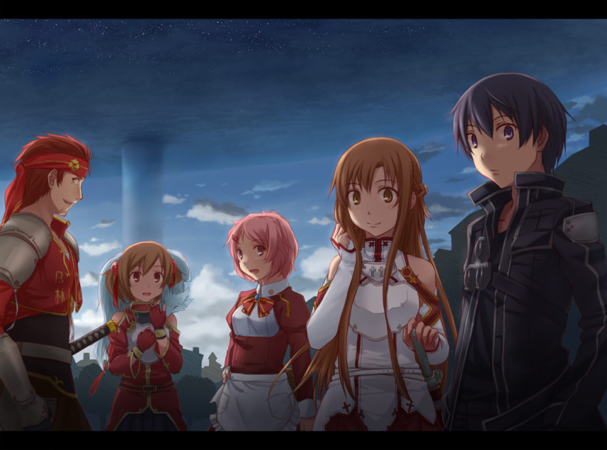 3girls armor asuna_(sao) bare_shoulders brown_eyes brown_hair character_request kirito klein lisbeth long_hair looking_at_viewer multiple_boys multiple_girls open_mouth pina_(sao) short_hair short_twintails silica smile sword_art_online twintails yuugure yuuki_asuna