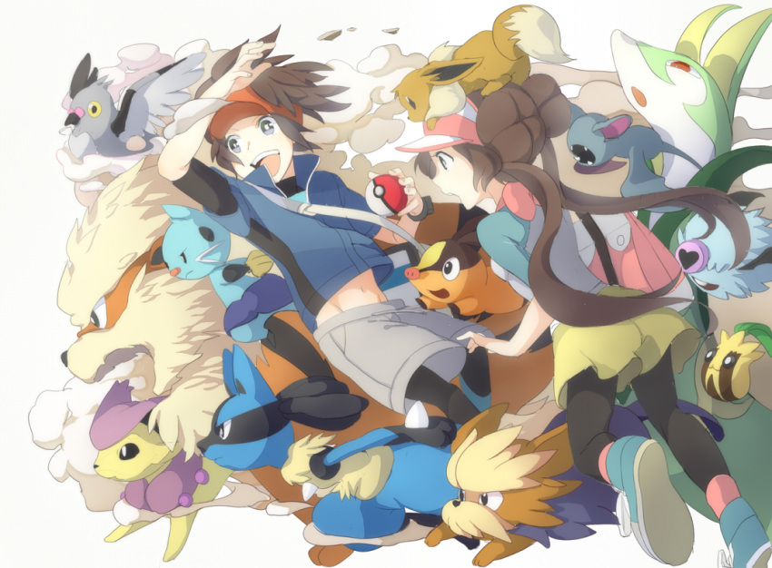 1boy 1girl arcanine bag black_legwear brown_hair danchi_(pomechize) delcatty dewott double_bun eevee herdier holding holding_poke_ball jacket kyouhei_(pokemon) leggings lucario mei_(pokemon) open_mouth pantyhose pidove poke_ball pokemon pokemon_(creature) pokemon_(game) pokemon_bw2 pomechize raglan_sleeves ribbon serperior shoes shoulder_bag sneakers sunkern tepig twintails visor_cap woobat zubat