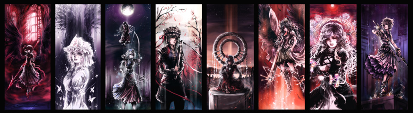 6+girls alternate_weapon arm_cannon bat_wings bow_(weapon) branch butterfly cape character_request column_lineup concrete full_moon gradient gradient_background hair_ornament hat hat_ribbon headphones highres hijiri_byakuren houraisan_kaguya jeweled_branch_of_hourai kamishirasawa_keine kurkoboltsi layered_dress long_hair mirror moon multiple_girls night pillar reiuji_utsuho remilia_scarlet ribbon ritual_baton rod_of_remorse saigyou_ayakashi saigyouji_yuyuko shikieiki_yamaxanadu shikihara_mitabi shimenawa shirt short_hair sitting skirt sleeveless sleeveless_shirt spear_the_gungnir standing sword third_eye touhou toyosatomimi_no_miko tree triangular_headpiece weapon window wings yagokoro_eirin yasaka_kanako