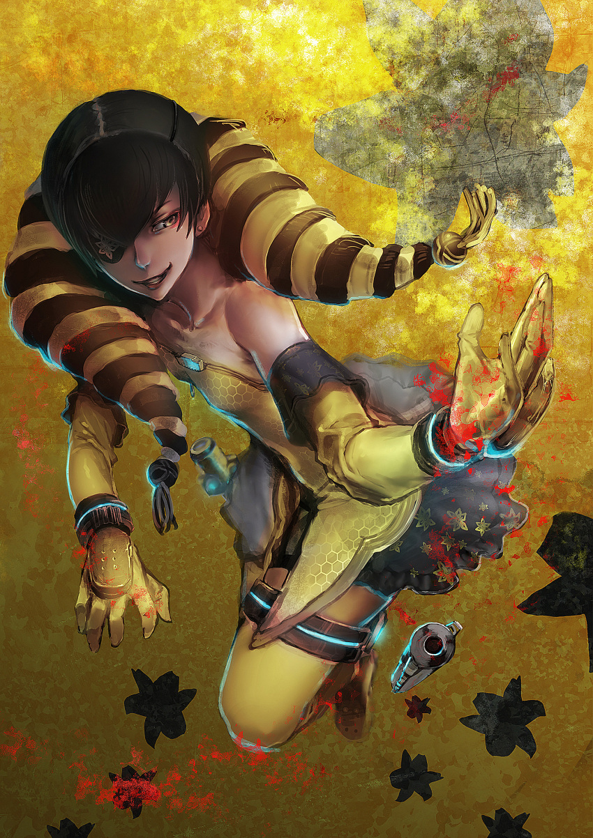 ai_rin airin anarchy_reigns bare_shoulders black_hair earrings elbow_gloves eyepatch eyeshadow flat_chest gloves highres ini jewelry makeup max_anarchy skirt solo thigh-highs thighhighs yellow yellow_eyes
