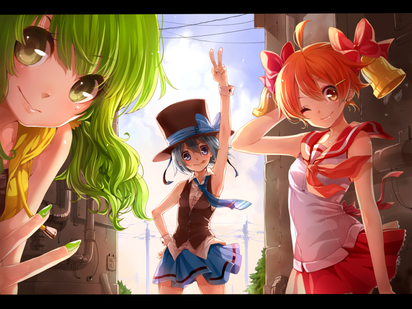 :p ;) ahoge arm_up armpits bare_shoulders bell bell_(rbb) blue_(rbb) blue_eyes blue_hair bow brown_eyes brown_hair character_request clouds earrings face green_eyes green_hair hand_on_hip hat highres hips jewelry letterboxed long_hair mole multiple_girls nail_polish orange_hair original rainy_(rbb) rainybluebell ribbons rojiko short_hair skirt sky smile tongue v wink wrist_cuffs