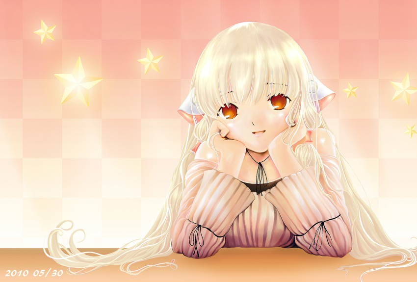2010 bangs bare_shoulders blonde_hair blunt_bangs brown_eyes casual checkered checkered_background chii chin_rest chobits dated highres long_hair official_style pink pink_background pullover robot_ears smile solo star takesanhoukine