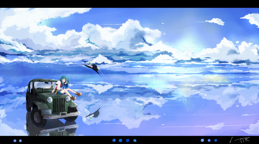 blue_hair blue_sky cloud clouds food fruit hat hat_removed headwear_removed highres hinanawi_tenshi jeep letterboxed long_hair motor_vehicle mountain ocean open_mouth peach red_eyes reflection shirt short_sleeves sitting sitting_on_car skirt sky solo sun tetsuro tetsurou_(fe+) touhou vehicle water wind