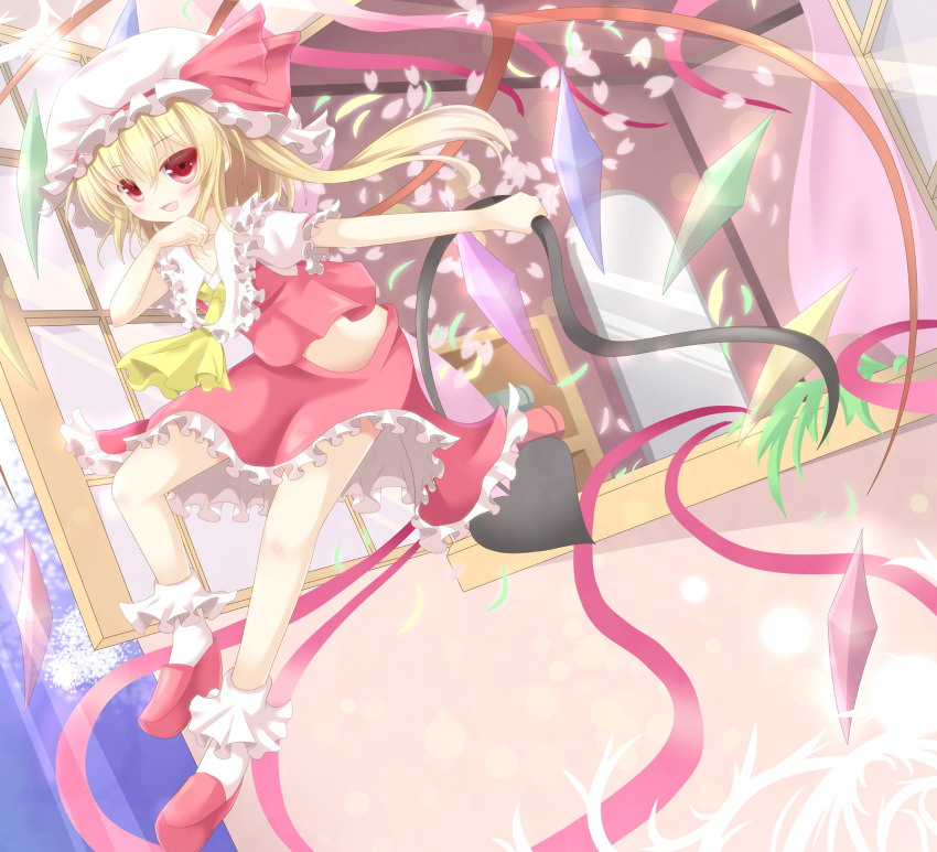 ascot bad_id blonde_hair blush crystal flandre_scarlet hat hat_ribbon highres laevatein open_mouth pen-zin petals puffy_sleeves red_eyes ribbon short_sleeves side_ponytail solo touhou weapon wings