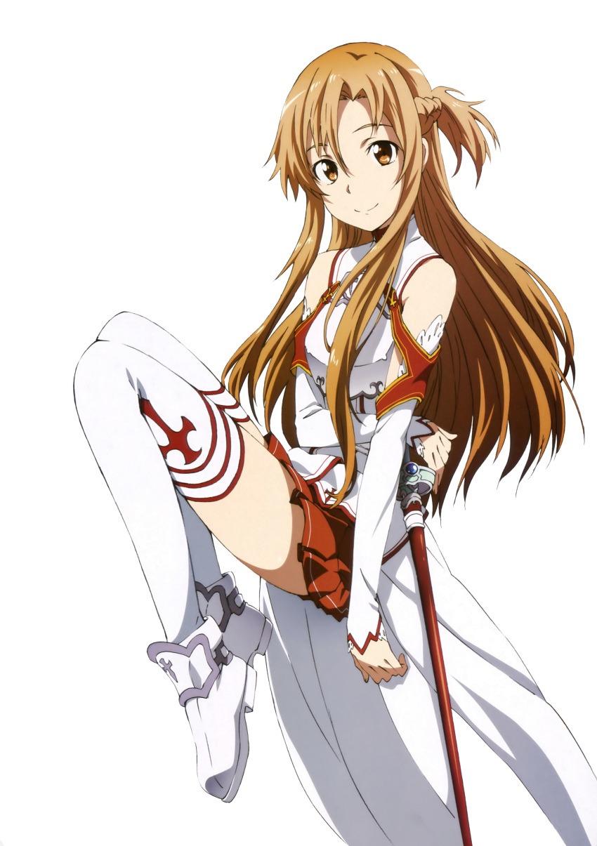 absurdres armor artist_request asuna_(sao) brown_eyes brown_hair female highres kawakami_tetsuya long_hair render solo sword sword_art_online thigh-highs thighhighs transparent_background weapon yuuki_asuna