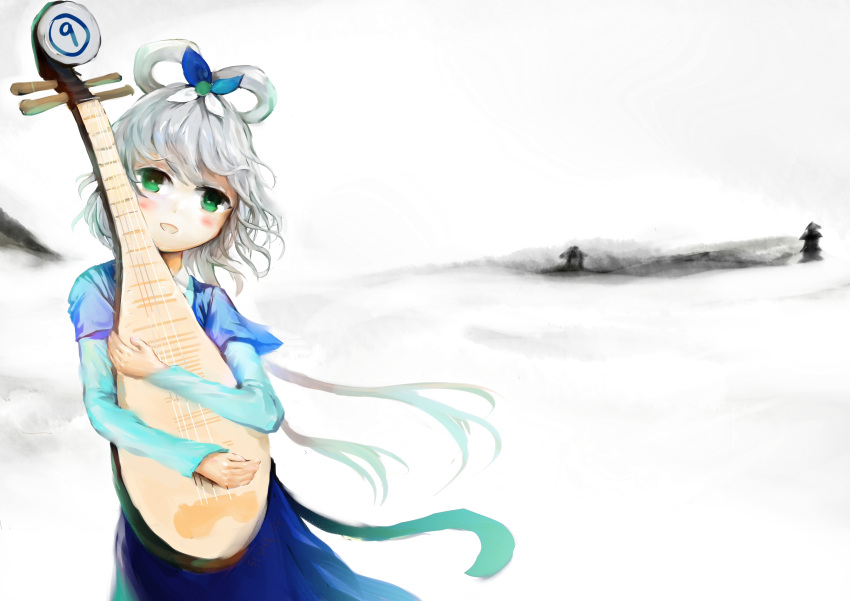 blush green_eyes highres holding instrument jiaoshouwen luo_tianyi simple_background vocaloid