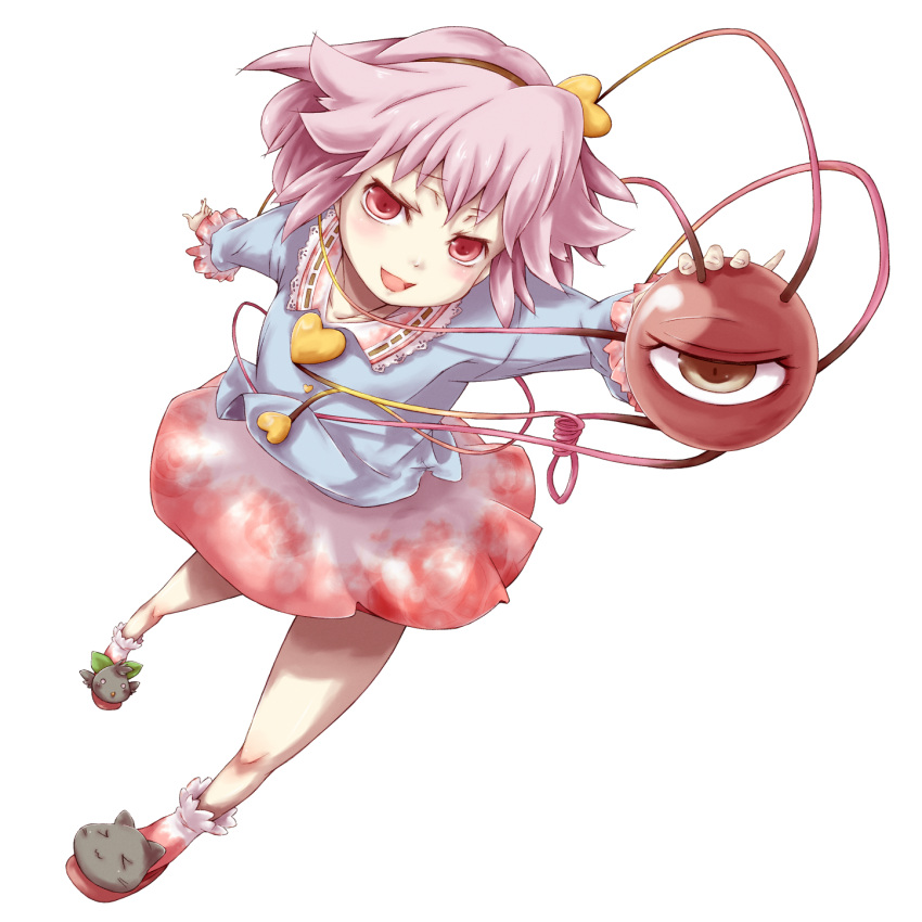 aa6 bird cat eyes hairband heart highres komeiji_satori open_mouth perspective pink_hair purple_hair red_eyes ribbon short_hair slippers smile solo touhou transparent_background