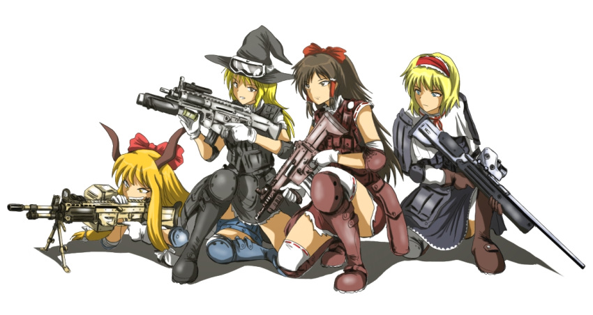 assault_rifle bad_id bipod blonde_hair blue_eyes bow box_magazine brown_eyes brown_hair eotech fn_scar gloves grenade_launcher gun hair_bow hairband hakurei_reimu hat horns ibuki_suika junkei kirisame_marisa long_hair m249 machine_gun rifle sniper_rifle thighhighs touhou trigger_discipline underbarrel_grenade_launcher vertical_foregrip weapon witch_hat yellow_eyes