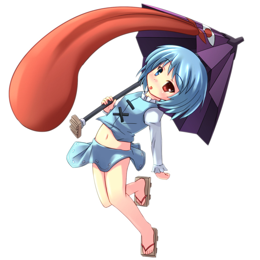 :p blue_hair blush geta heterochromia highres karakasa karakasa_obake midriff mumumumu navel no_socks red_eyes sandals short_hair tatara_kogasa tongue touhou transparent_background umbrella