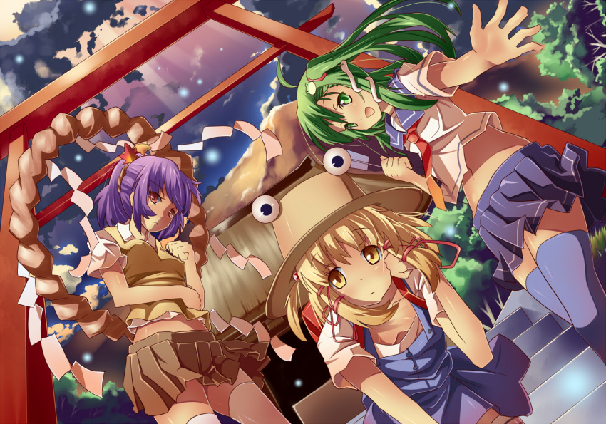 3girls alternate_costume alternate_hairstyle beckon blonde_hair down_blouse dutch_angle frog gohei green_eyes green_hair hair_ornament hair_ribbon hat kochiya_sanae long_hair midriff mikan_(bananoha) moriya_suwako multiple_girls navel open_mouth purple_hair purple_legwear red_eyes ribbon rope school_uniform serafuku shimenawa short_hair shrine shy side_ponytail skirt smile snake stairs sunbeam sunlight sunset thighhighs torii touhou tree white_legwear yasaka_kanako yellow_eyes zettai_ryouiki