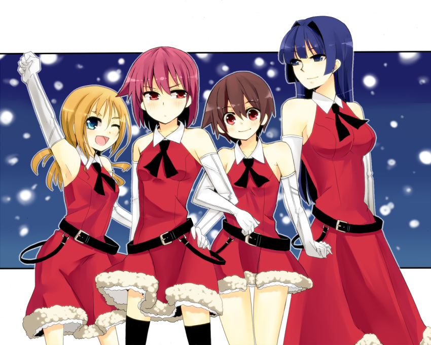 arm_hug belt black_legwear blonde_hair blue_eyes blue_hair blush brown_hair christmas dress elbow_gloves gloves halterneck hand_on_hip highres hirose_sumire holding_hands kusugaya long_hair miyanaga_saki miyanaga_teru multiple_girls oohoshi_awai red_eyes red_hair redhead saki santa_costume short_hair thigh-highs thighhighs white_gloves wink zettai_ryouiki