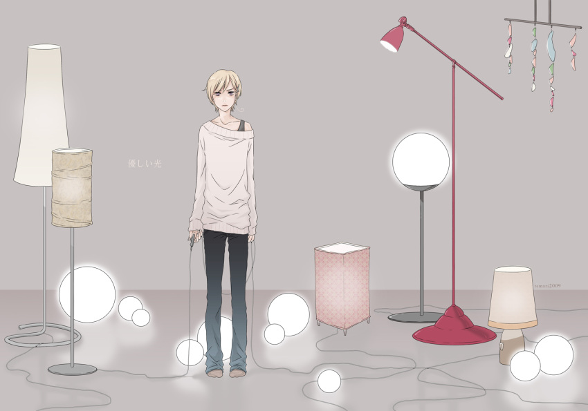 axis_powers_hetalia blonde_hair casual kimura_daisuke lamp norway_(hetalia) off_shoulder short_hair socks solo standing sweater