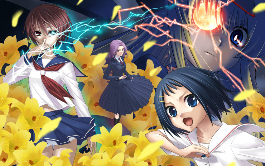 4girls amae_koromo black_hair blazer blonde_hair blue_eyes bow brown_eyes brown_hair electricity fang flower full_moon glowing_eye hair_bow hair_ornament hairband hairclip ikeda_kana kajiki_yumi lightning long_hair mahjong mahjong_tile miyanaga_saki moon multiple_girls necktie petals pleated_skirt purple_eyes purple_hair red_eyes saki school_uniform serafuku short_hair skirt socks yuu_(derodero)