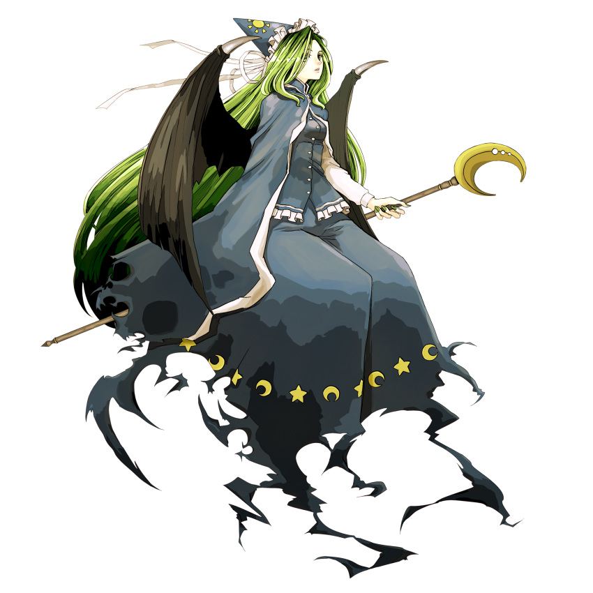 arioto bat_wings blue_dress cape crescent demon_wings dress green_eyes green_hair hat highres long_hair mima nail_polish ribbon scepter simple_background solo staff touhou transparent_background very_long_hair wings wizard_hat