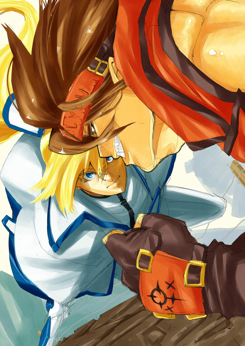 2boys blonde_hair blue_eyes brown_hair clenched_hand faux_traditional_media fingerless_gloves forehead_protector gloves grin guilty_gear guilty_gear_xrd hair_ribbon headband highres ky_kiske long_hair multiple_boys muscle no_n@me ponytail ribbon smile sol_badguy spiky_hair sword weapon