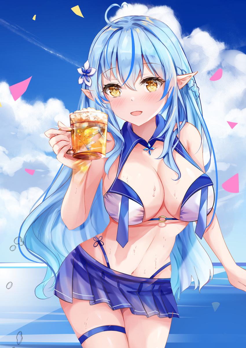 1girl :d ahoge alcohol bangs bare_arms bare_shoulders beer bikini bikini_top blue_flower blue_hair blue_skirt blue_sky blush braid brown_eyes clouds cloudy_sky commentary_request confetti cup day eyebrows_visible_through_hair flower hair_between_eyes hair_flower hair_ornament heart_ahoge highres holding holding_cup hololive horizon long_hair looking_at_viewer mug multicolored_hair mutang navel ocean open_mouth outdoors pleated_skirt pointy_ears skindentation skirt sky smile solo streaked_hair swimsuit thigh_strap very_long_hair virtual_youtuber water white_bikini white_flower yukihana_lamy