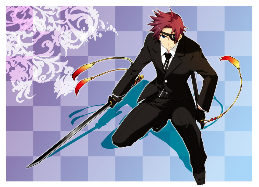 alternate_costume asbel_lhant bad_id blue_eyes brown_hair checkered checkered_background eyepatch male solo sword tales_of_(series) tales_of_graces tktg tuxedo weapon