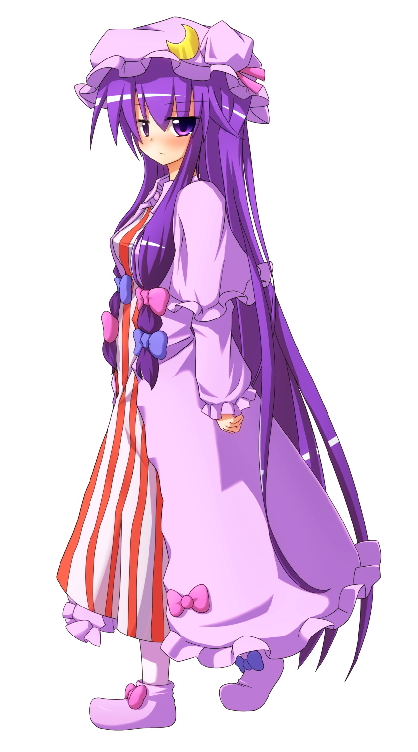 absurdres blush bow crescent hair_bow hat highres long_hair mokana_natsumi patchouli_knowledge purple_eyes purple_hair solo touhou transparent_background very_long_hair violet_eyes