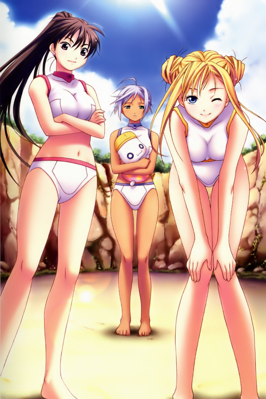 3girls ahoge akira_ferrari alicia_florence amano_kozue aria aria_pokoteng athena_glory barefoot bikini blonde_hair blue_eyes brown_eyes brown_hair carrying cloud crossed_arms hair hair_bun highres hug leaning_forward long_hair looking_back multiple_girls navel o_o payot piercing ponytail sand short_hair silver_hair sky smile standing sunbeam sunlight swim_cap swimsuit v_arms wink wink_brown