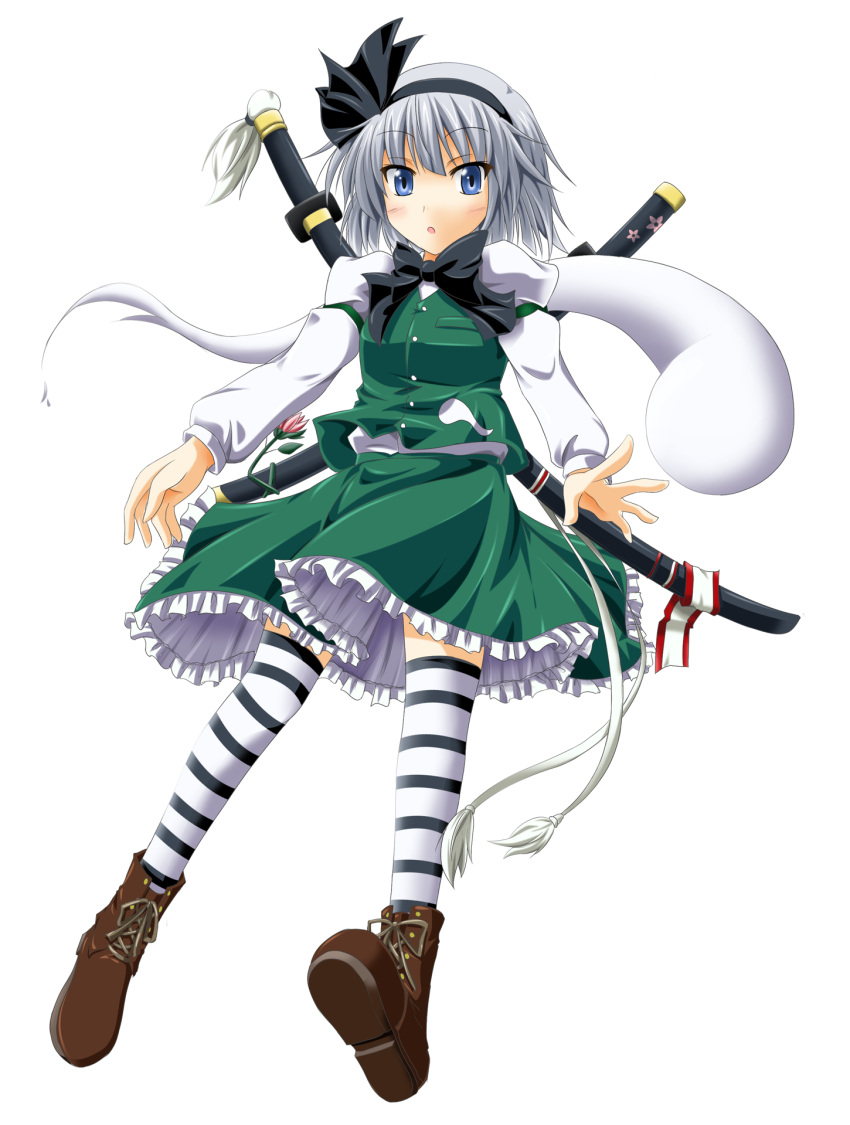 boots flower ghost hairband highres konpaku_youmu konpaku_youmu_(ghost) myon sheath sheathed short_hair silver_hair solo striped striped_legwear striped_thighhighs sword taiga taiga_(natsu_hotaru) thigh-highs thighhighs touhou transparent_background weapon zettai_ryouiki