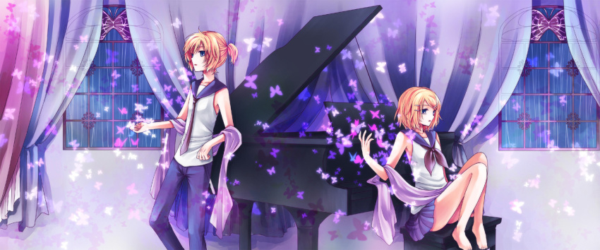 blonde_hair blue_eyes brother_and_sister butterfly grand_piano hair_ornament hairclip instrument kagamine_len kagamine_rin migikata_no_chou_(vocaloid) piano piano_bench short_hair siblings skirt twins vocaloid