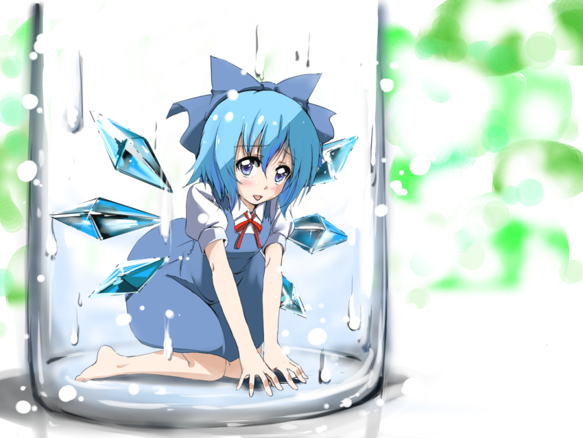 blue_hair bottle bow cirno detached_wings hair_bow ice ice_wings kneeling open_mouth puffy_sleeves purple_eyes short_hair short_sleeves solo tatsumin touhou violet_eyes wings