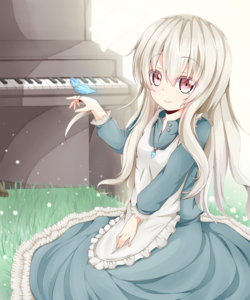 absurdres bird dress grass highres instrument jewelry kagamiya_(kyouya) long_hair looking_at_viewer mary_(kagerou_project) necklace piano pink_eyes silver_hair sitting smile solo souzou_forest_(vocaloid) vocaloid