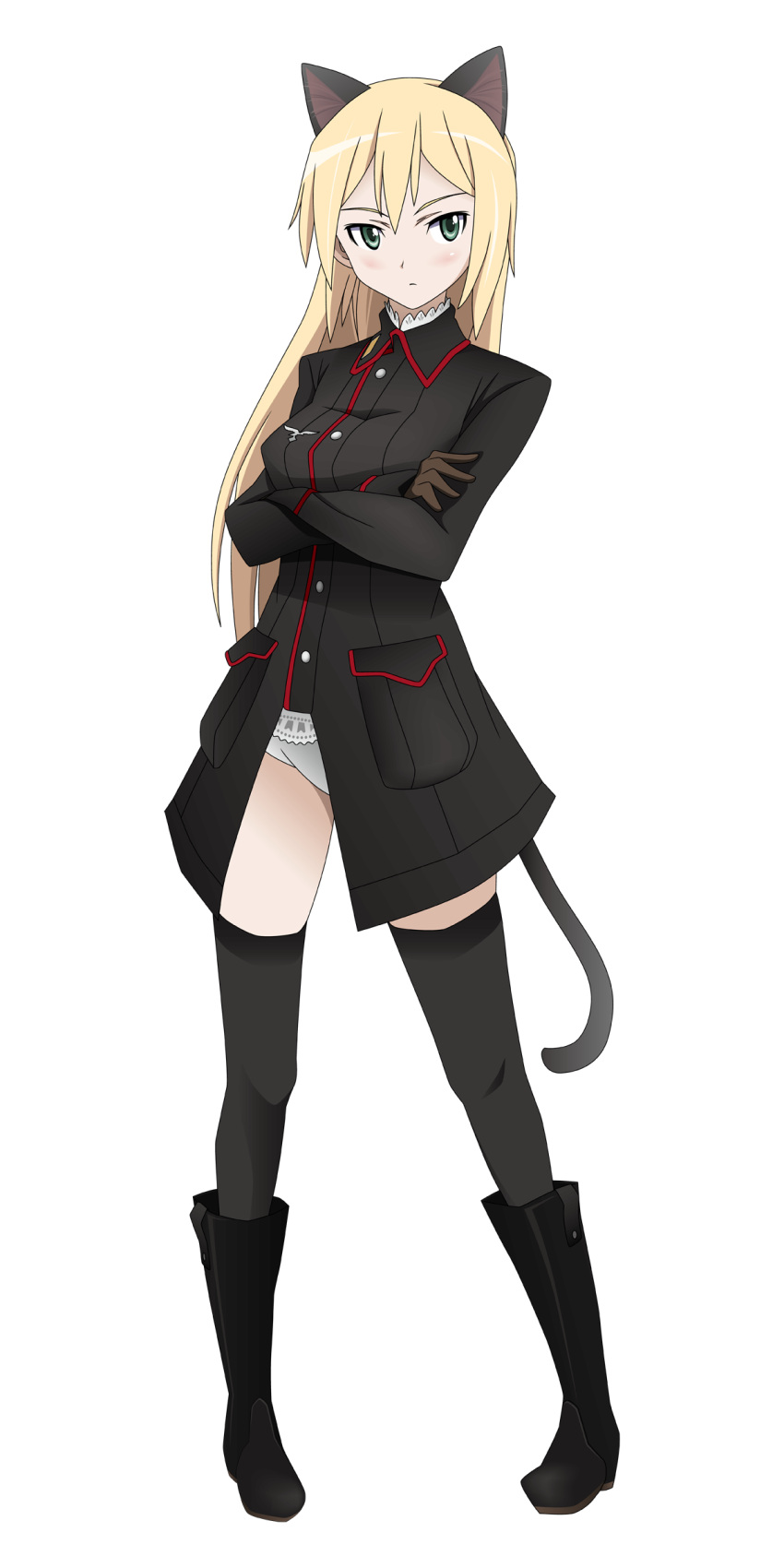 absurdres animal_ears aqua_eyes blonde_hair boots cat_ears cat_tail crossed_arms heinrike_prinzessin_zu_sayn-wittgenstein highres military military_uniform panties shiomoto solo strike_witches tail thigh-highs thighhighs transparent_background underwear uniform