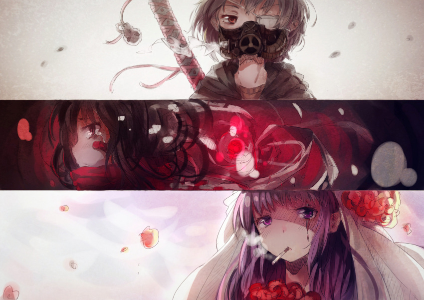 3girls bandaid black_flame bride brown_hair cigarette eyepatch flower gas_mask grey_hair hei_yan-m82a1 lavender_eyes lavender_hair multiple_girls original scar skull smoking tears violet_eyes violet_hair weapon