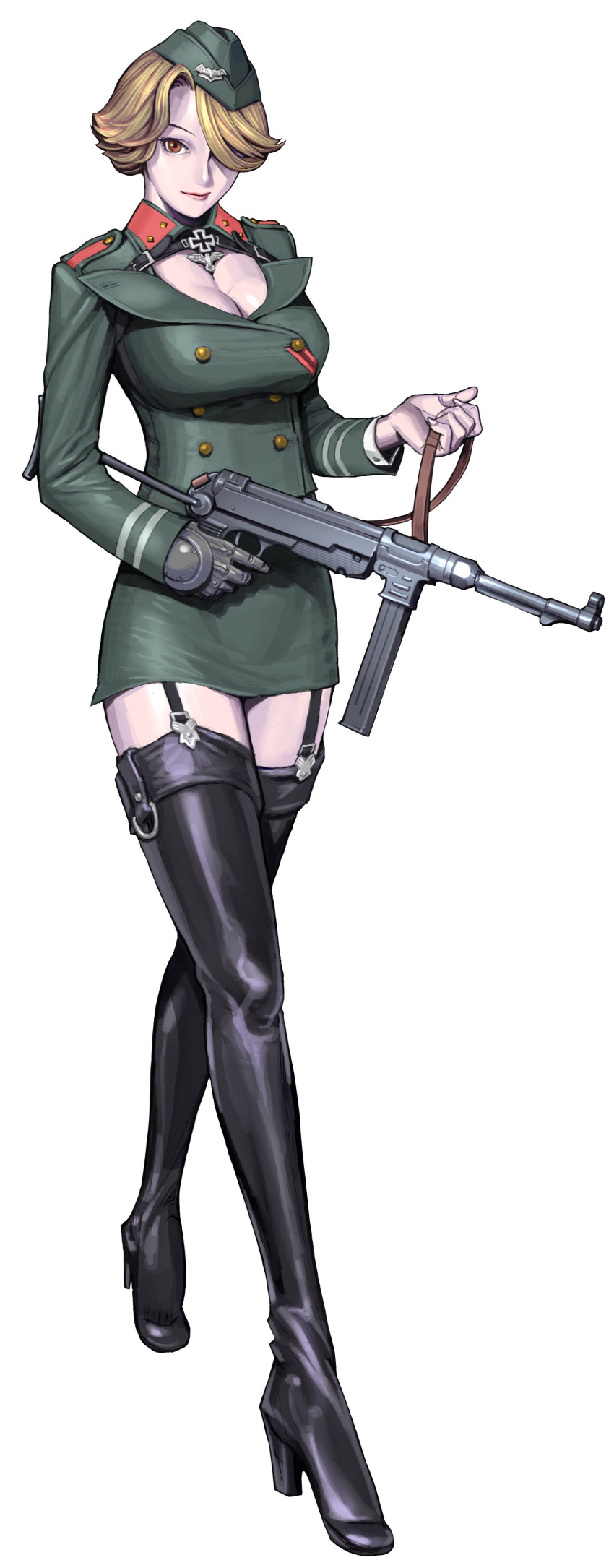 absurdres artist_request blonde_hair boots breasts brown_eyes brown_hair carmilla_(operation_darkness) cleavage cleavage_cutout garrison_cap garter_straps gun hair_over_one_eye hat high_heels highres iron_cross large_breasts legs long_legs military military_uniform miniskirt mp40 nazi official_art operation_darkness rifle shoes short_hair simple_background single_glove skirt submachine_gun thigh-highs thigh_boots thighhighs thighs trigger_discipline uniform weapon