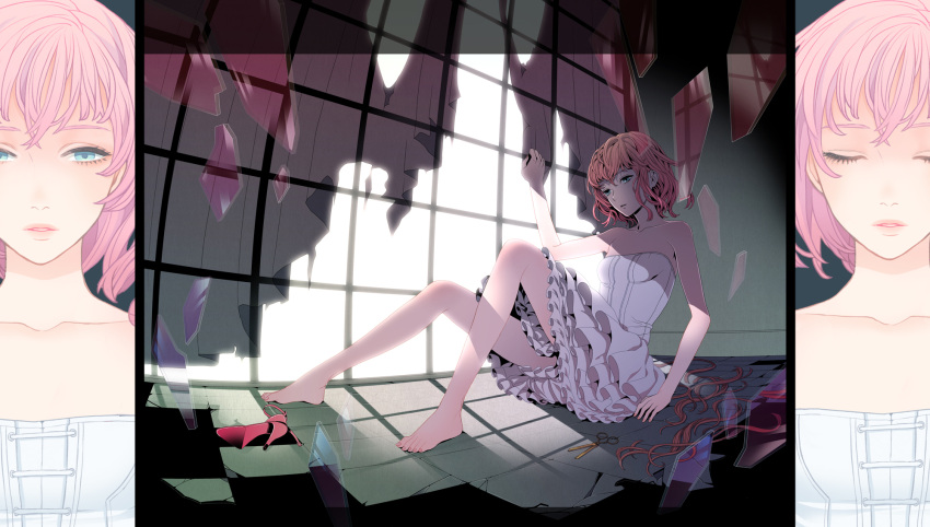 alternate_hairstyle arm_support bare_shoulders barefoot blue_eyes broken_glass closed_eyes collarbone curtains cutting_hair dress eyes_closed feet frilled_dress frills glass high_heels highres legs megurine_luka pink_hair scissors shoes short_hair sitting solo takase_(harakiri) toes vocaloid window