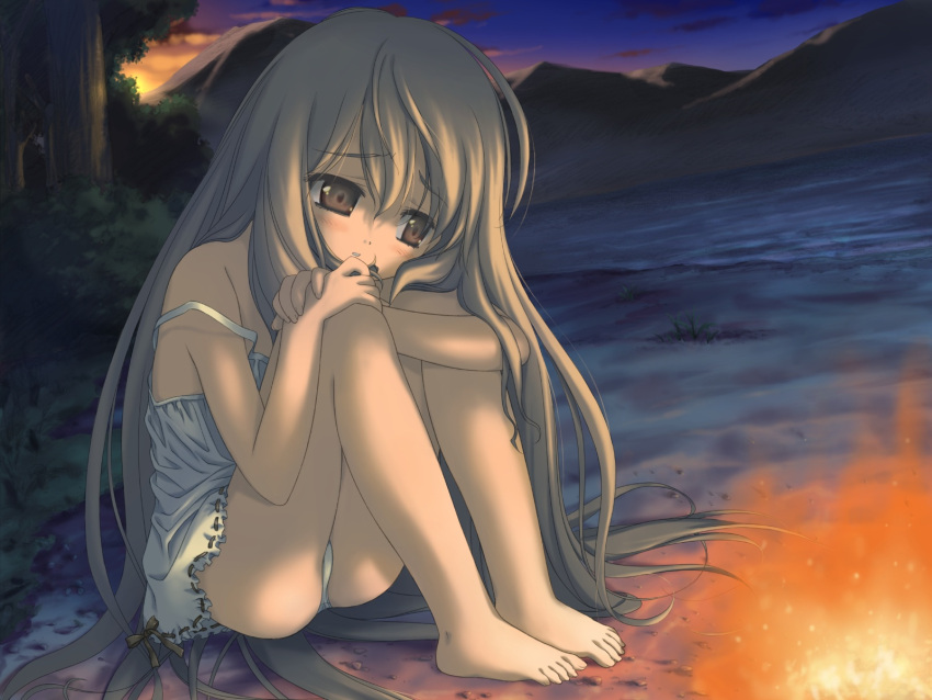 1girl angel_wish ass barefoot blonde_hair blush camisole dress feet fire game_cg highres lingerie long_hair outdoors panties pantyshot pantyshot_sitting shida_kazuhiro sitting solo suzune_merveillex underwear warming