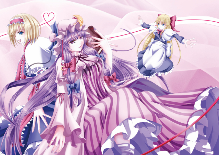 alice_margatroid apron blonde_hair blue_eyes book bow capelet covering_one_eye crescent doll hair_bow hairband hat heart long_hair long_skirt long_sleeves multiple_girls open_mouth outstretched_arms pandora_(angelfeather-heart) patchouli_knowledge purple_eyes purple_hair sash shanghai_doll short_hair short_sleeves skirt touhou very_long_hair violet_eyes wide_sleeves