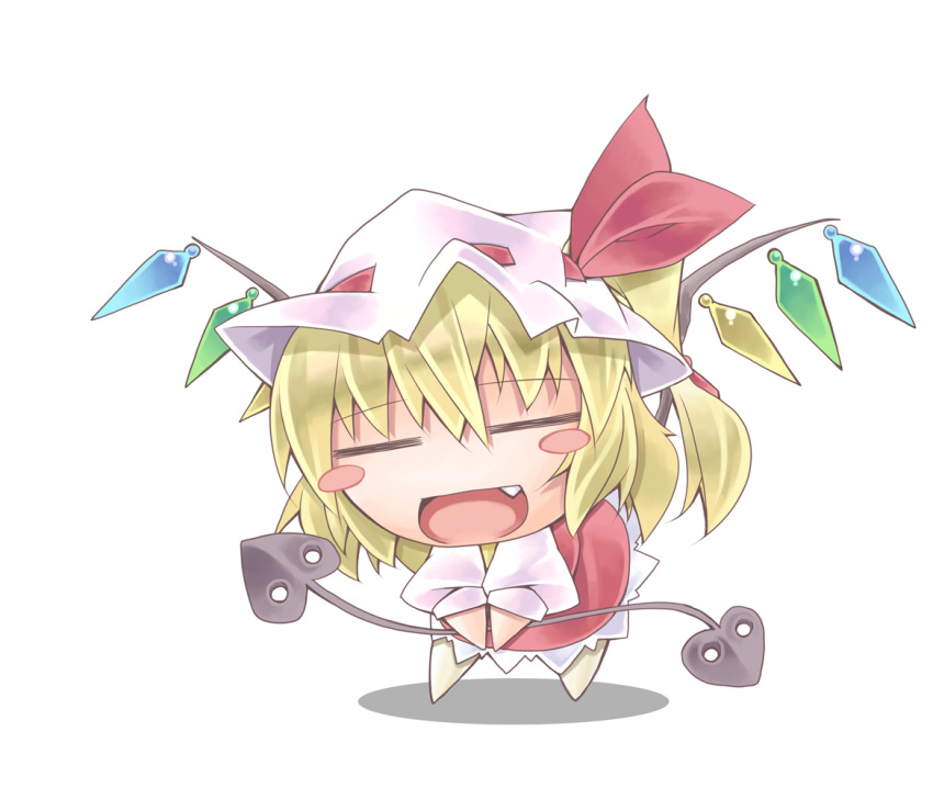 :d =_= blonde_hair blush_stickers chibi closed_eyes eyes_closed fang flandre_scarlet hat hat_ribbon holding nyagakiya open_mouth ribbon side_ponytail simple_background smile solo standing touhou white_background wings