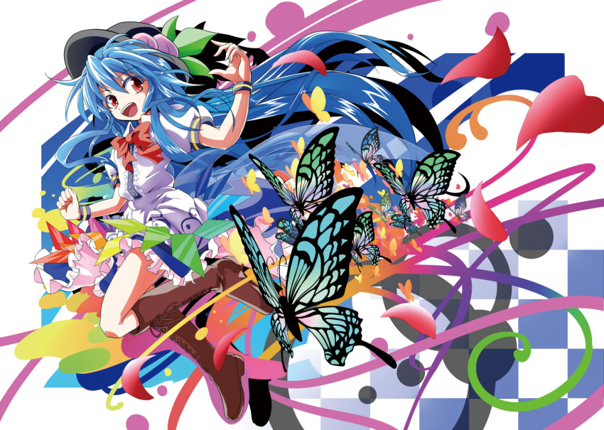 1girl aji082 blue_hair boots bow butterfly cross-laced_footwear food fruit hinanawi_tenshi knee_boots long_hair peach red_eyes touhou