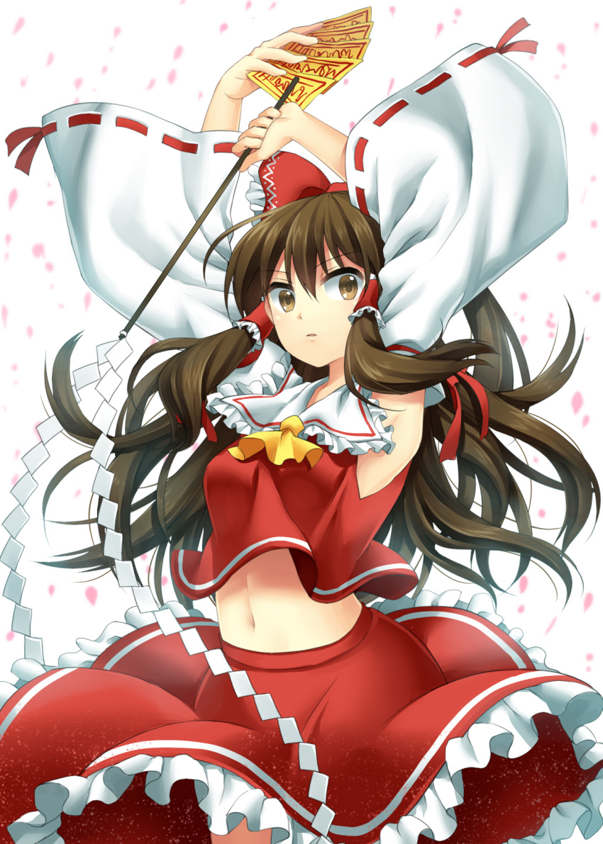 arm_pits armpits ascot bow brown_hair detached_sleeves gohei hair_bow hair_tubes hakurei_reimu highres jenevan long_hair navel ofuda outstretched_arms solo touhou wide_sleeves yellow_eyes