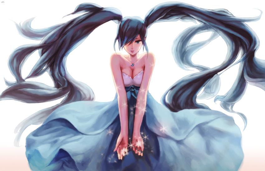 aku-riru bare_shoulders blue_hair dress hair_over_one_eye hatsune_miku jewelry long_hair necklace open_mouth simple_background solo sparkle twintails very_long_hair vocaloid