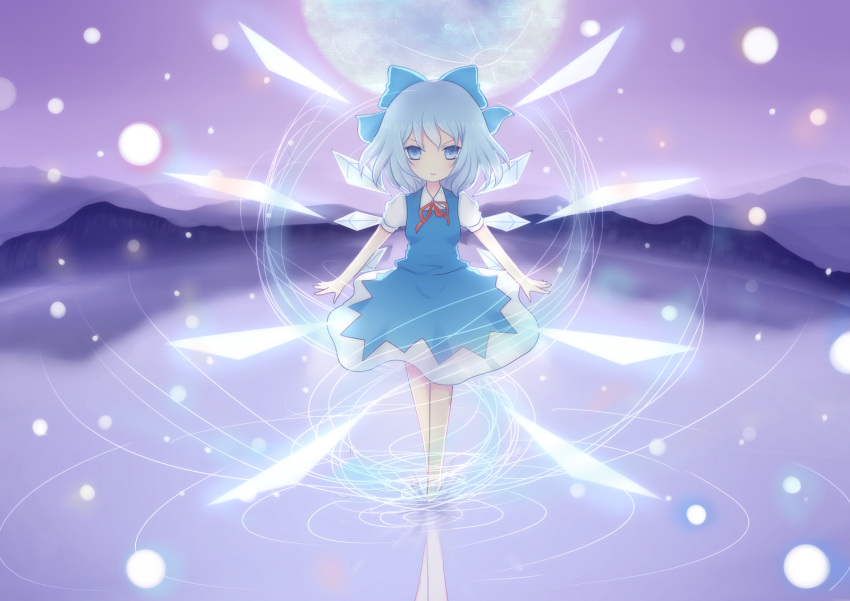 blue_eyes blue_hair blush cirno detached_wings highres ice ice_wings moon open_mouth puffy_sleeves short_hair short_sleeves solo touhou uleri7623 wings