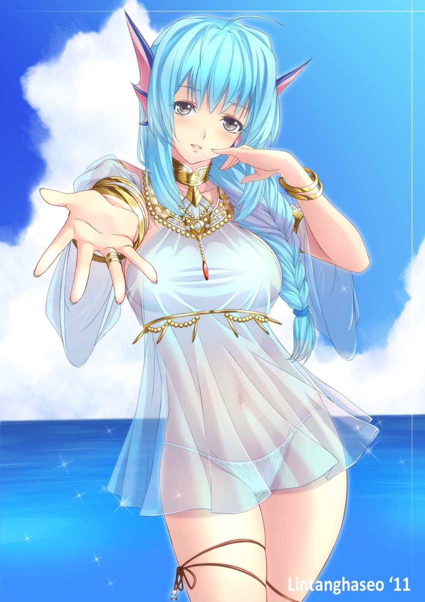 1girl ahoge blue_hair blush bracelet braid emil_chronicle_online head_fins highres jewelry lintanghaseo looking_at_viewer necklace ocean outstretched_hand panties pantsu parted_lips ribbon see-through see_through solo taut_shirt thigh_ribbon underwear