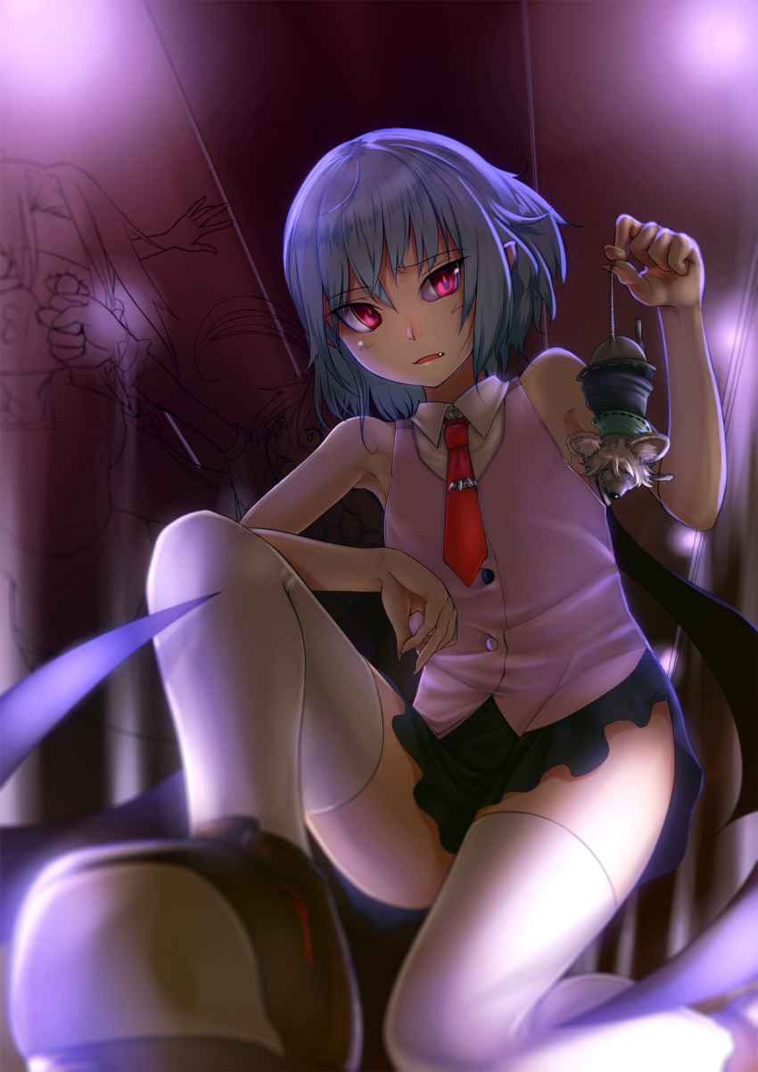 bat_wings blue_hair fang highres kneeling mossari_poteto nazrin nazrin_(mouse) necktie no_hat no_headwear open_mouth perspective rat red_eyes remilia_scarlet short_hair skirt sleeveless solo thigh-highs thighhighs touhou white_legwear wings