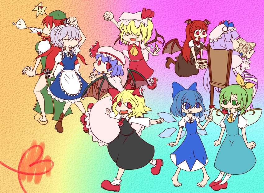 &gt;:) &gt;:3 &gt;:d &gt;_&lt; 6+girls :&lt; :3 :d :o apron ascot back barefoot bat_wings between_fingers blonde_hair blood blue_dress blue_eyes blue_hair book book_stack boots bow braid breasts capelet chair chibi china_dress chinese_clothes cirno clenched_hand clenched_hands closed_eyes colorful crescent daiyousei dress dress_shirt everyone eyes_closed fairy_wings fang flandre_scarlet floating frills giving_up_the_ghost gradient gradient_background green_dress green_eyes green_hair grin hair_bow happy hat hat_bow head_wings heart highres holding holding_book hong_meiling index_finger_raised izayoi_sakuya knife knifed koakuma large_bow long_hair long_sleeves looking_back low-tied_long_hair low_wings maid maid_headdress mary_janes multiple_girls necktie nose_bubble open_book open_mouth outstretched_arms patchouli_knowledge pentagram pink_dress purple_dress purple_eyes purple_hair raised_finger raised_fist reading red_eyes red_hair redhead remilia_scarlet rumia shirt shoes short_hair short_sleeves side_ponytail side_slit silver_hair sitting skirt skirt_set smile spit_take spitting spread_arms striped striped_dress tatudosi the_embodiment_of_scarlet_devil touhou twin_braids vertical_stripes very_long_hair vest violet_eyes waist_apron white_shirt wide_sleeves wings x3