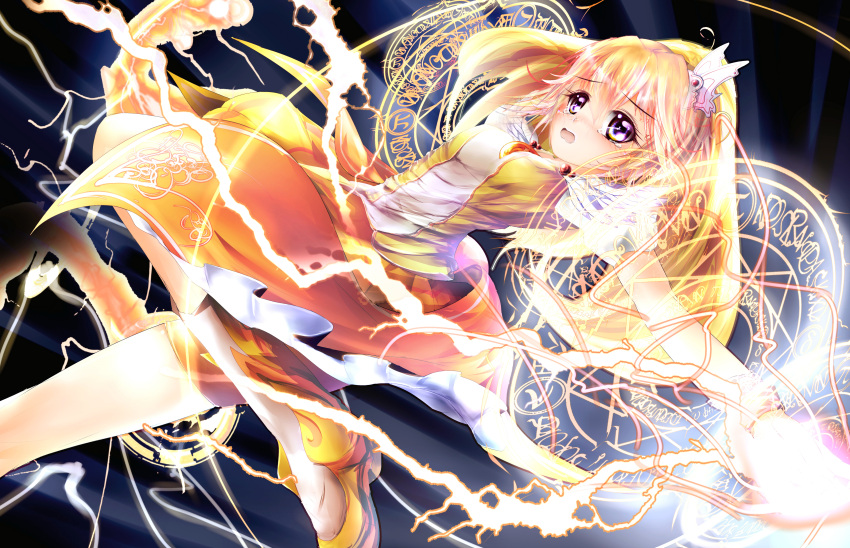 absurdres bike_shorts blonde_hair boots breasts choker cure_peace dress electricity garyljq hair_ornament highres kise_yayoi long_hair magic_circle magical_girl open_mouth precure shorts_under_skirt skirt smile_precure! solo tears wrist_cuffs yellow_dress yellow_eyes