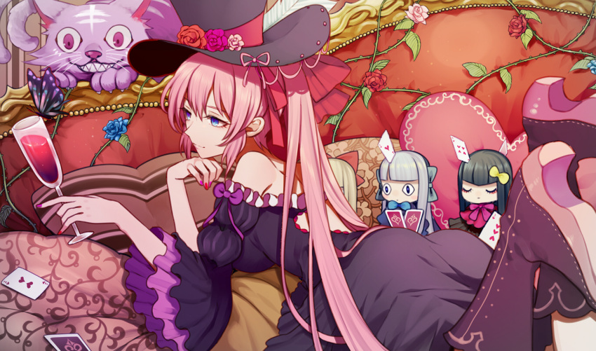 bare_shoulders blue_eyes boots card cat cup doll dress flower harano hat hat_flower hat_ribbon holding long_hair lying nail_polish on_stomach original pillow pink_hair playing_card ribbon rose solo thorns top_hat twintails vines wine_glass