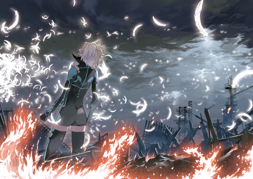 black_legwear boots cloudy_sky feathers fire hair_over_eyes justminor kneeling looking_up original ruins short_hair solo structure thigh-highs thigh_boots thighhighs torn_clothes white_hair