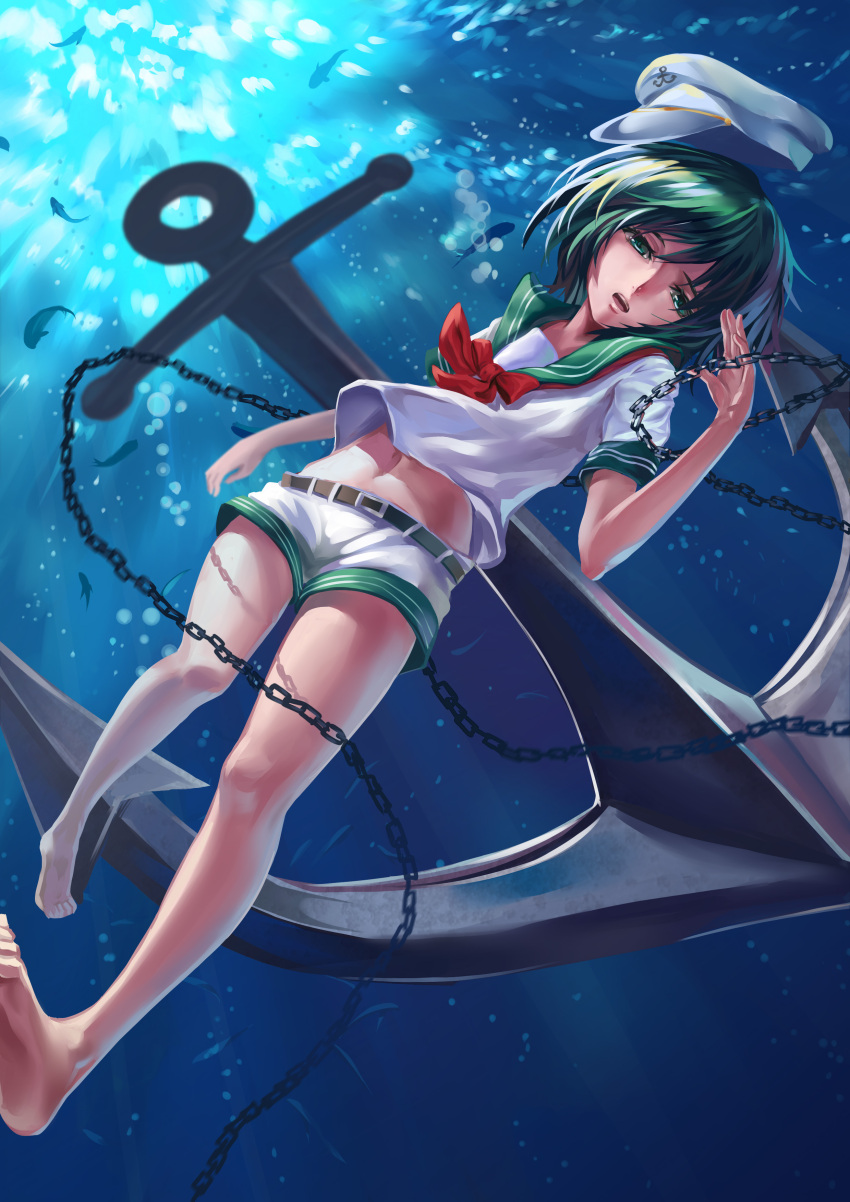 absurdres anchor bangs barefoot belt chain chains fish green_eyes green_hair hat hat_removed headwear_removed highres murasa_minamitsu navel open_mouth sailor sailor_hat short_shorts shorts solo touhou underwater xiamianliele